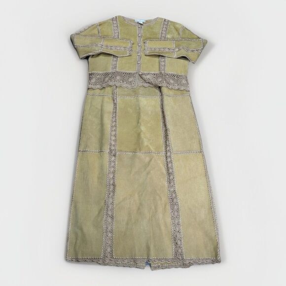 VTG SMH Suede Leather Maxi Boho Mod Crochet Trim 2-Piece...